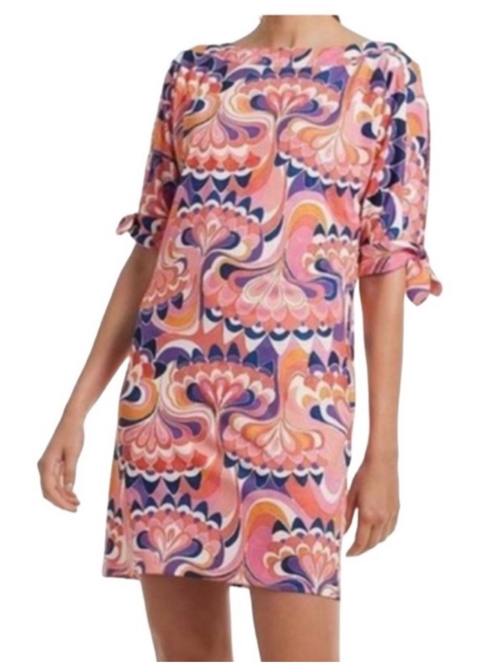 Trina Turk Vinet Tie Sleeve Mini Dress Coral Fusion Watercolor Swirl Size Large